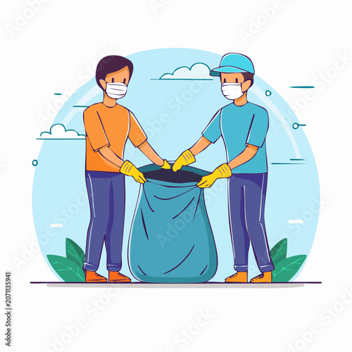 Two people wearing masks and gloves collecting trash