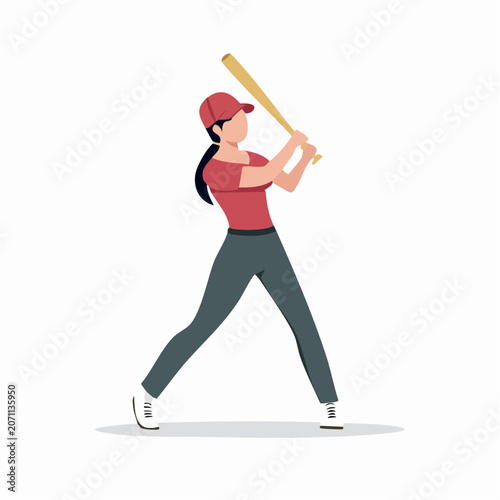 Woman in baseball uniform swinging a bat