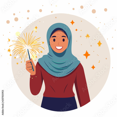 Woman in hijab holding a sparkler with festive background