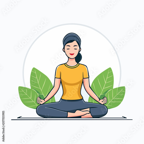 Woman meditating in lotus pose with leaves and circle
