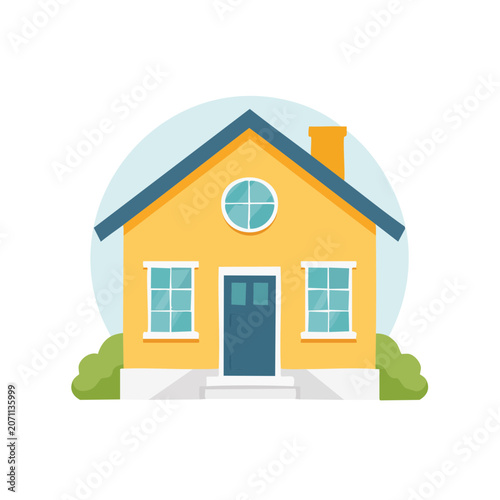 Yellow house with blue door and windows, flat vector illustration