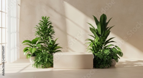 3D product display podium with green leaves background, interior design