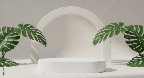 3D product display podium stage with monstera leaves 3D render interior design