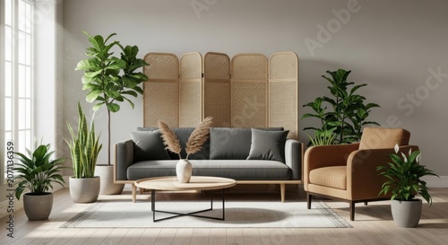 Minimalist living room interior with rattan screen and green plants, 3D render
