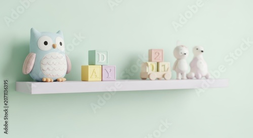 Modern nursery room wall shelf with cute decorative figures, interior design
