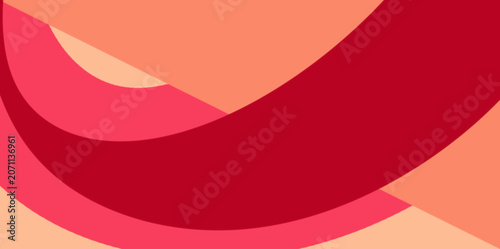 Bold background with layered curved geometric shapes in red, coral, and peach tones.
