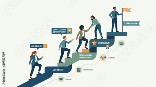 Business people climbing career path steps with job search professional development promotion and success
