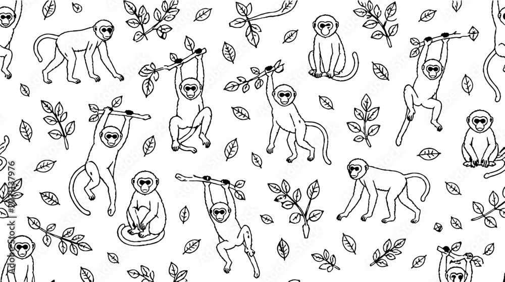 Fototapeta premium Playful monkeys and sloths in a forest illustration.