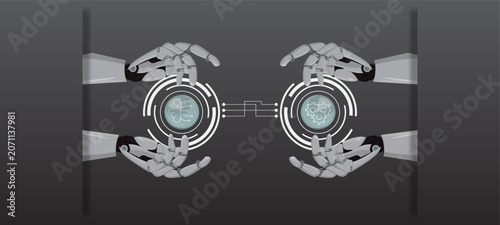Futuristic artificial intelligence concept showing robotic hands connecting AI brain and automation systems through a digital interface, symbolizing machine learning, data exchange,