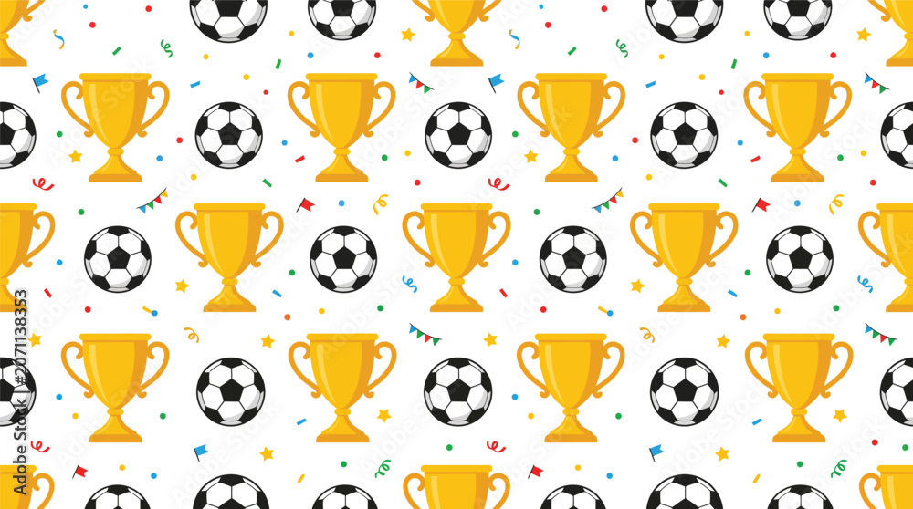 Obraz premium Patterned Soccer Trophies and Balls Iconic Repeating Motif Across Yellow Background.