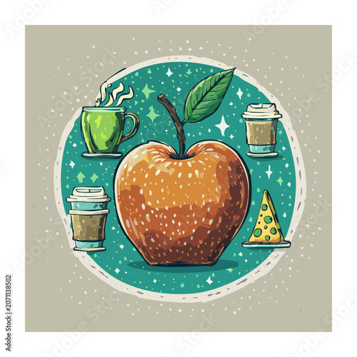 Flat Design Illustration of Apple with Coffee and Pizza