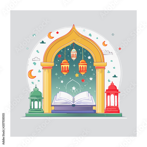 Islamic book and lanterns with crescent moon and stars
