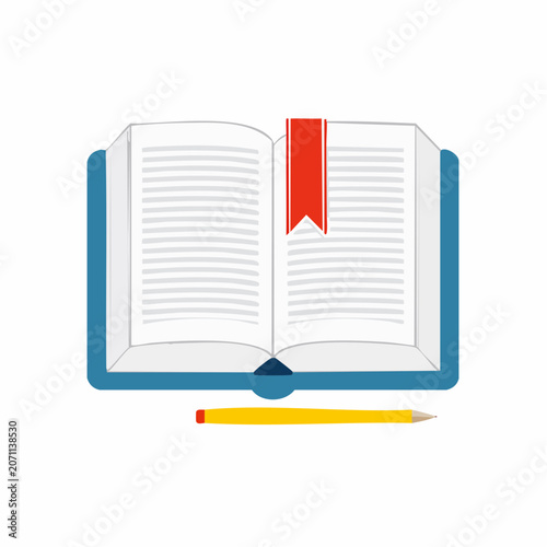 Open Book with Red Bookmark and Pencil