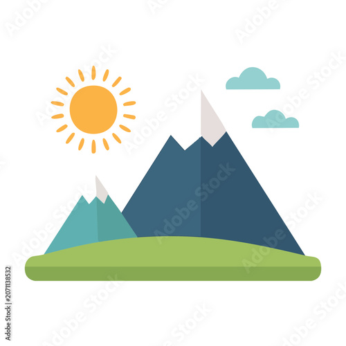 Flat design illustration of mountains, sun, and clouds