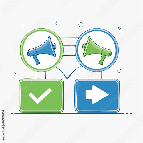Megaphone Icons with Checkmark and Arrow