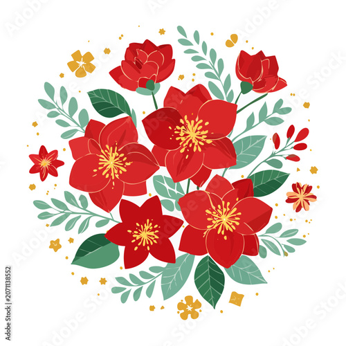 Flat design illustration of red flowers and green leaves