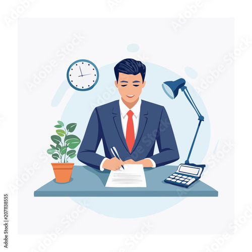 Man in suit writing at office desk with calculator and plant