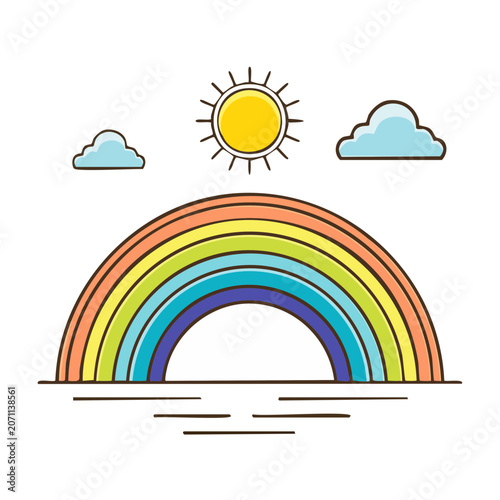 Flat design rainbow with sun and clouds