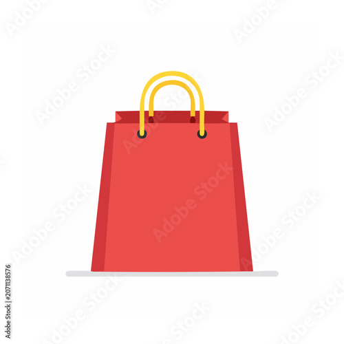 Red shopping bag with yellow handles, flat vector icon