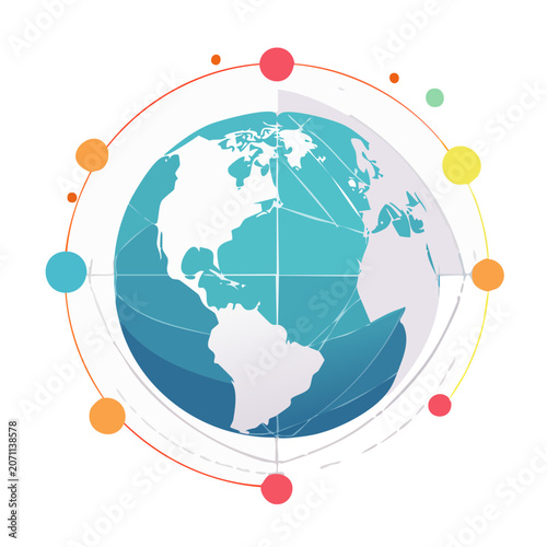 Stylized Globe with Network Connections and Colorful Dots