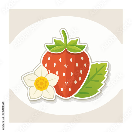Flat Design Strawberry with Flower and Leaf
