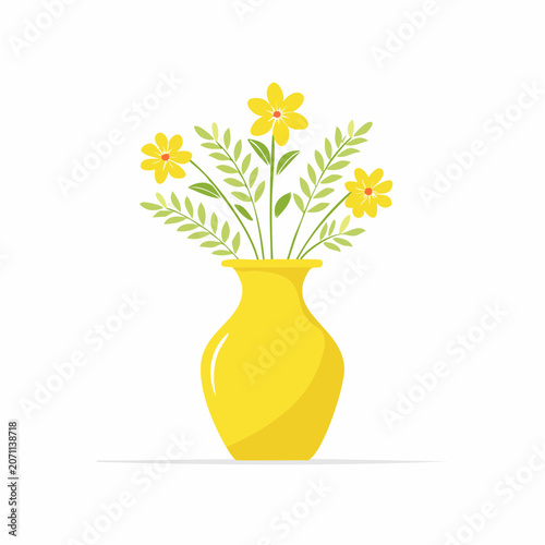 Yellow vase with yellow flowers and green leaves