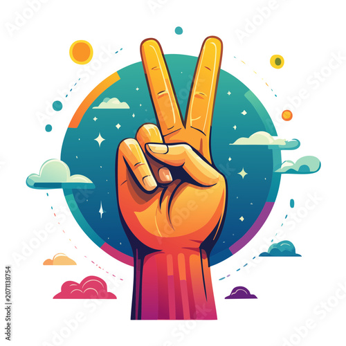 Hand showing peace sign with colorful sky and clouds