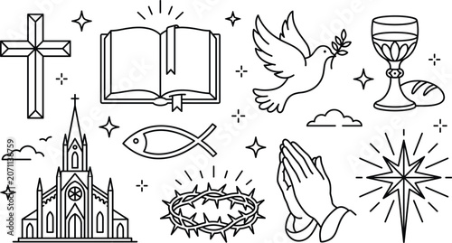 Quadro su tela Christian religious line art vector icon set featuring holy bible cross dove chu