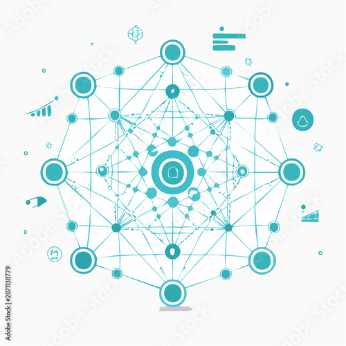Abstract geometric network with interconnected nodes and icons