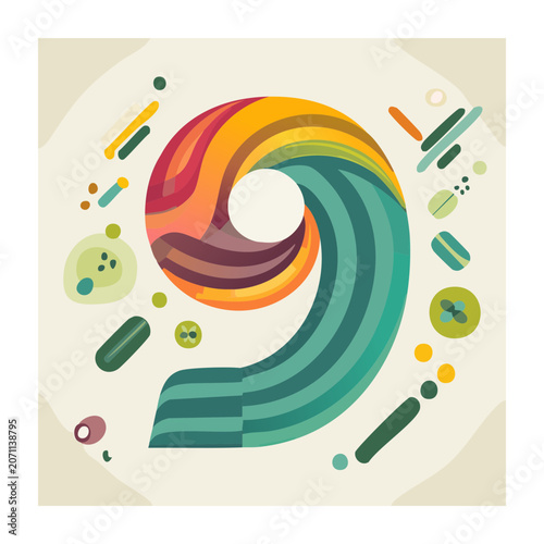 Abstract Number 9 with Colorful Swirls and Geometric Shapes
