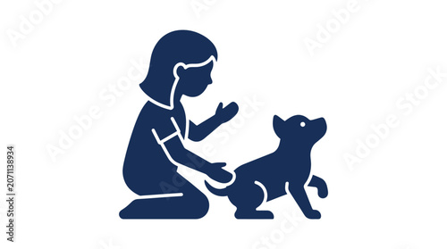 Girl Playing with Dog Silhouette Icon.