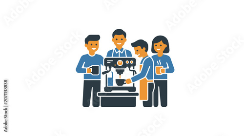 Four people working together on machine.