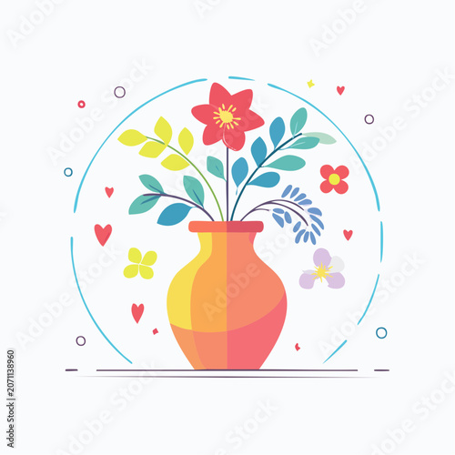 Vase with Colorful Flowers and Leaves