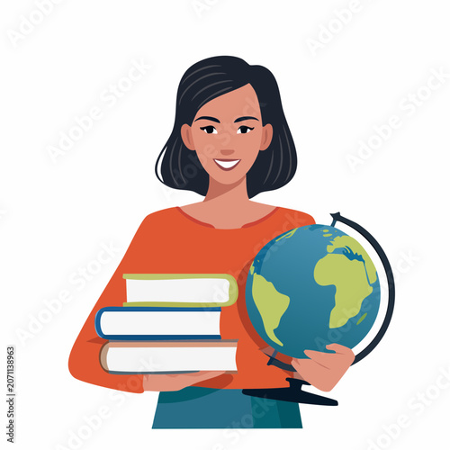 Woman holding books and a globe