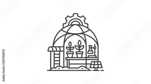 Greenhouse with plants and equipment inside.
