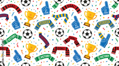Tableau sur toile Colorful sports equipment pattern featuring balls shoes banners and confetti in a playful design