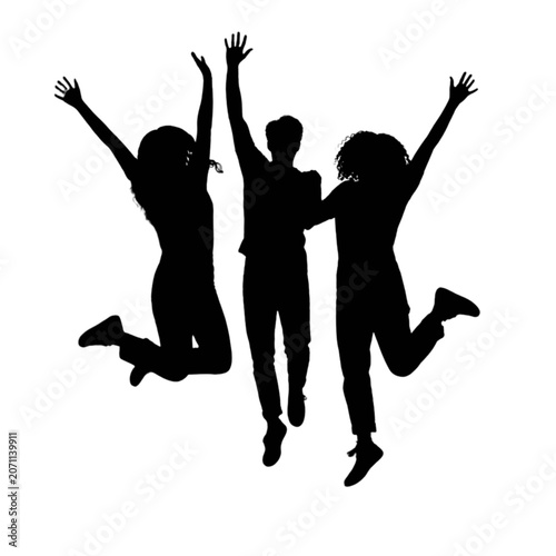 Canvas Print Silhouette of three people jumping with arms up isolated on transparent backgrou