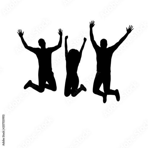 Billede på lærred Three people jumping in the air with arms raised isolated on transparent backgro