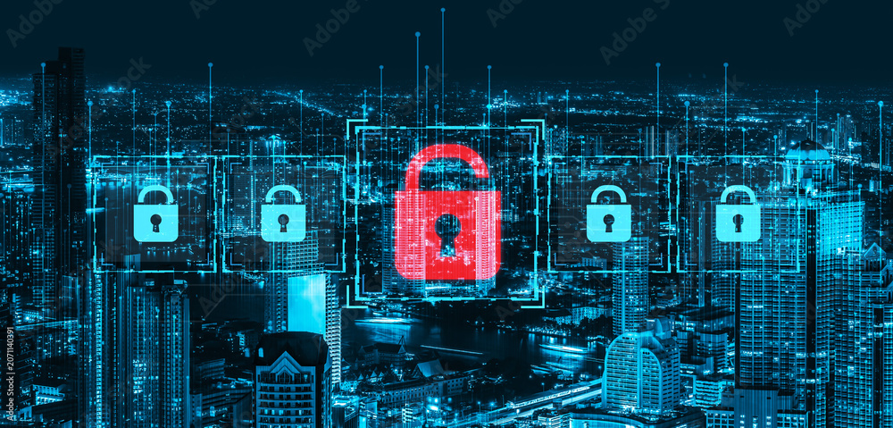Fototapeta premium Digital security concept illustrating a cybersecurity breach, with a red unlocked padlock indicating data exposure among secure systems, emphasizing system vulnerability and risk Vouch