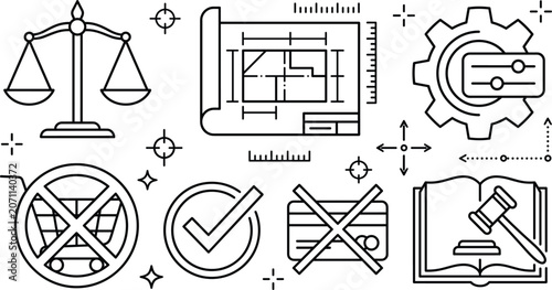 Bild auf Leinwand Legal regulations and business architecture line icon set featuring scales bluep