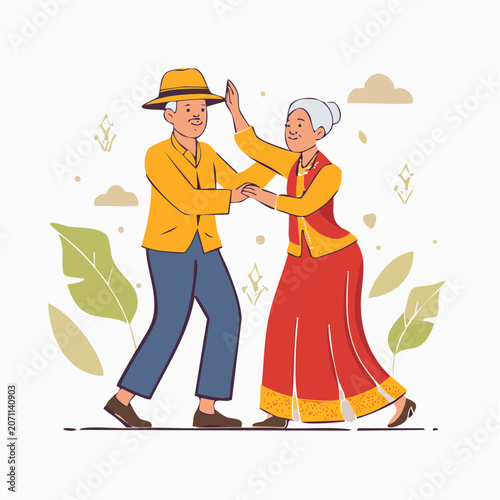 Elderly Couple Dancing Joyfully in Traditional Outfits