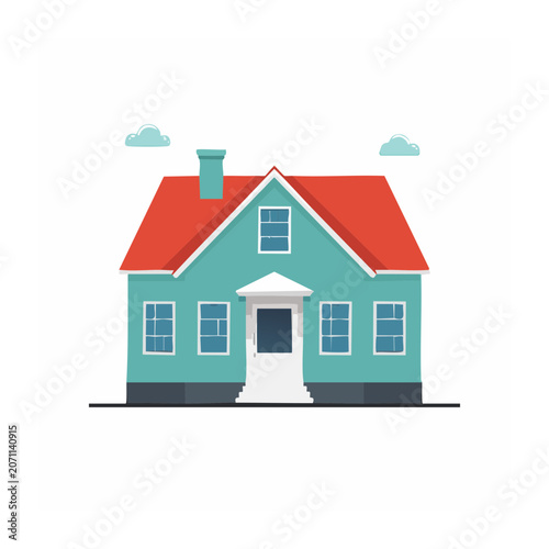 Flat design illustration of a turquoise house with red roof