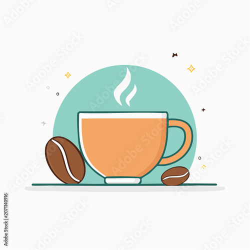 Flat design illustration of a steaming coffee cup with beans