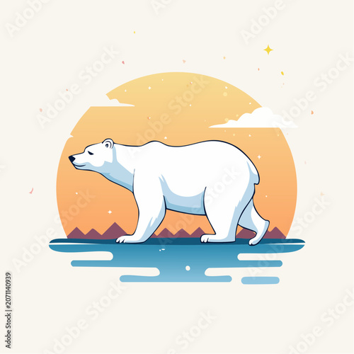 Flat design polar bear walking on ice floe with sunset background