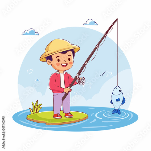 Happy boy fishing with a catch on a sunny day