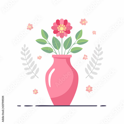 Pink vase with blooming flower and leaves illustration