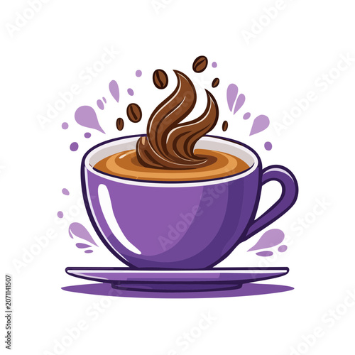 Purple coffee cup with steam and beans vector illustration