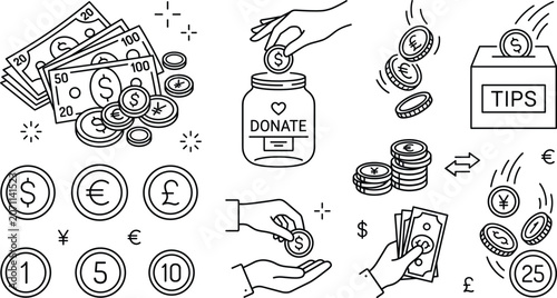Bild auf Leinwand Minimalist financial line icon set featuring cash banknotes coins donation jar t
