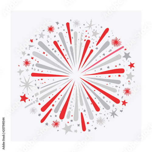 Red and gray firework with stars and confetti on white background