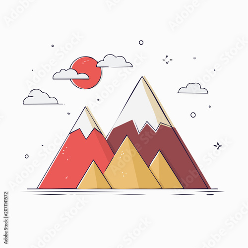 Stylized Mountain Landscape with Sun and Clouds